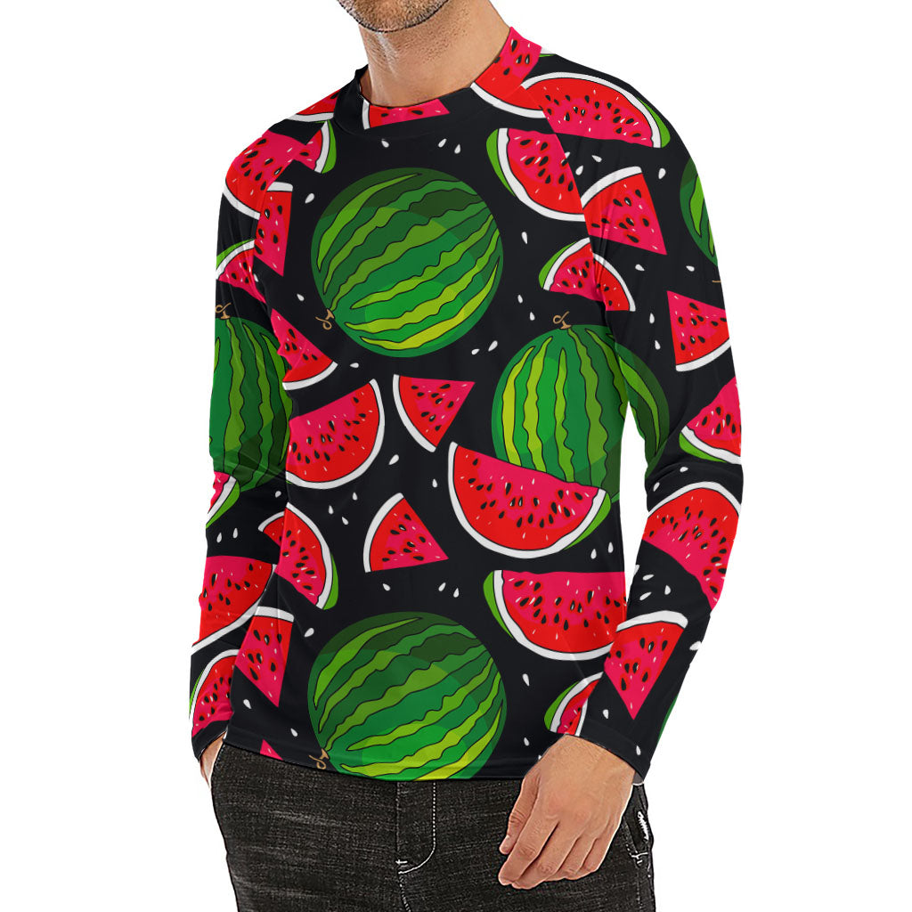 Black Watermelon Pieces Pattern Print Men's Long Sleeve Rash Guard