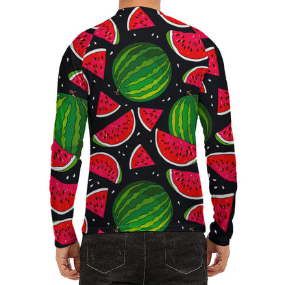 Black Watermelon Pieces Pattern Print Men's Long Sleeve Rash Guard