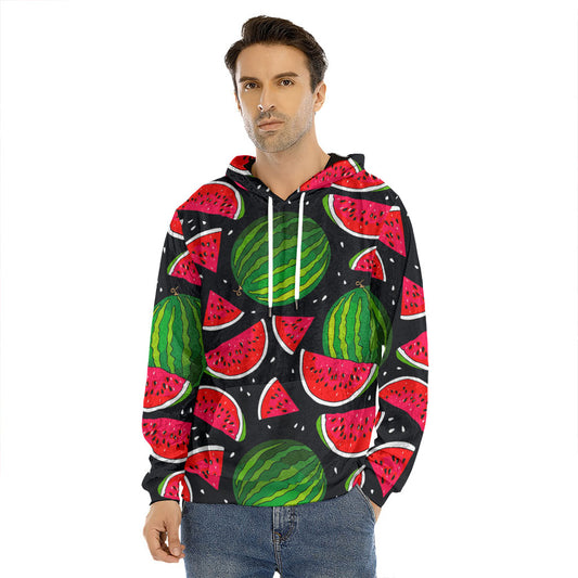 Black Watermelon Pieces Pattern Print Men's Velvet Pullover Hoodie