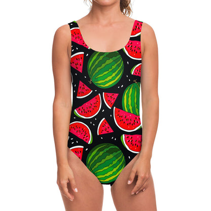 Black Watermelon Pieces Pattern Print One Piece Swimsuit