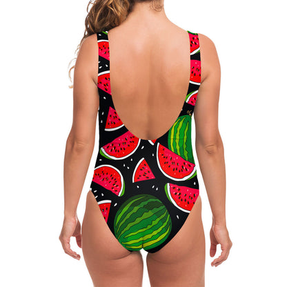 Black Watermelon Pieces Pattern Print One Piece Swimsuit