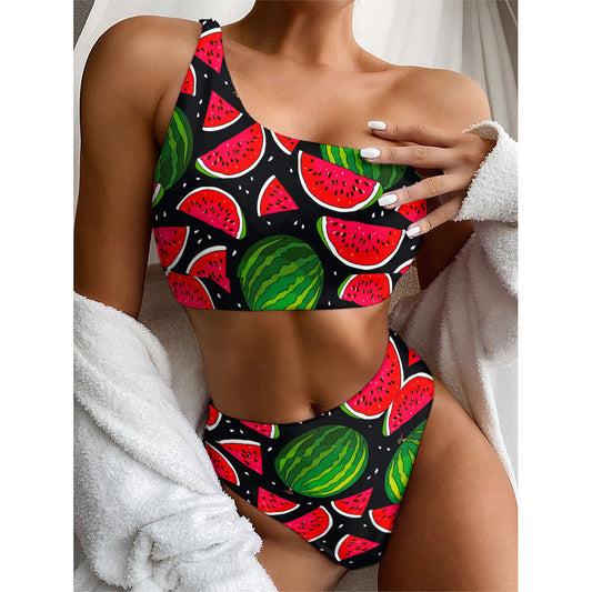 Black Watermelon Pieces Pattern Print One Shoulder Bikini Top