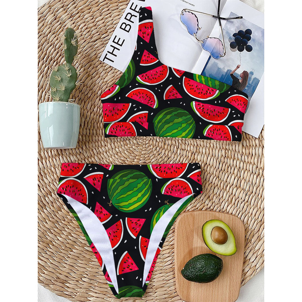 Black Watermelon Pieces Pattern Print One Shoulder Bikini Top