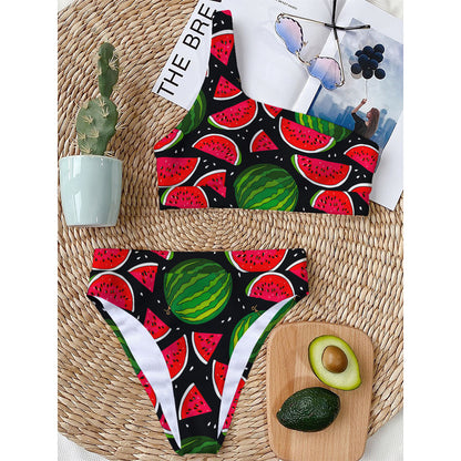 Black Watermelon Pieces Pattern Print One Shoulder Bikini Top