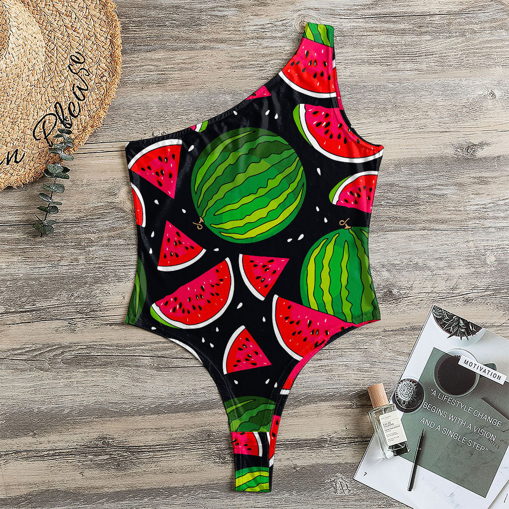 Black Watermelon Pieces Pattern Print One Shoulder Bodysuit