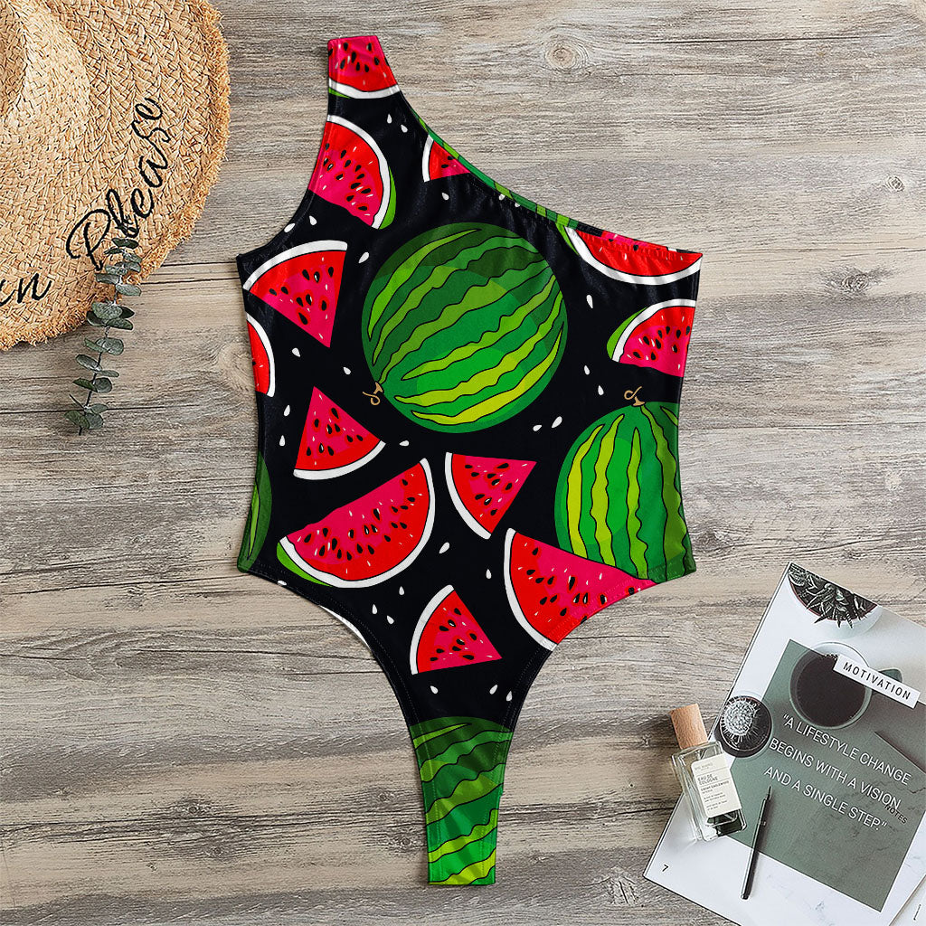 Black Watermelon Pieces Pattern Print One Shoulder Bodysuit