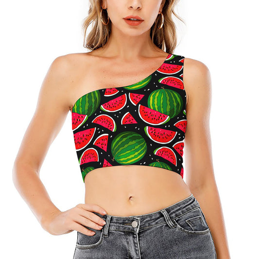 Black Watermelon Pieces Pattern Print One Shoulder Crop Top
