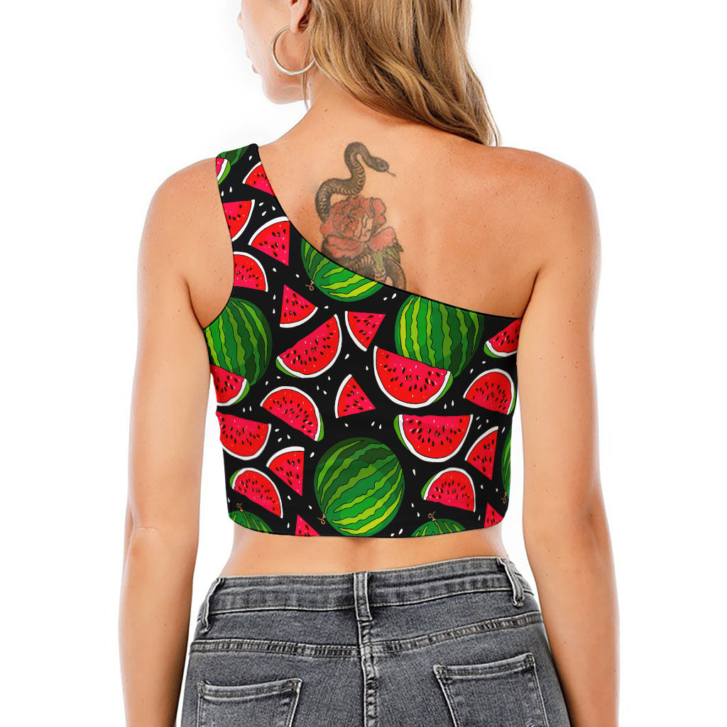Black Watermelon Pieces Pattern Print One Shoulder Crop Top