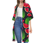 Black Watermelon Pieces Pattern Print Open Front Beach Cover Up