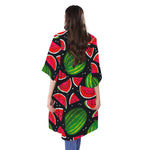 Black Watermelon Pieces Pattern Print Open Front Beach Cover Up