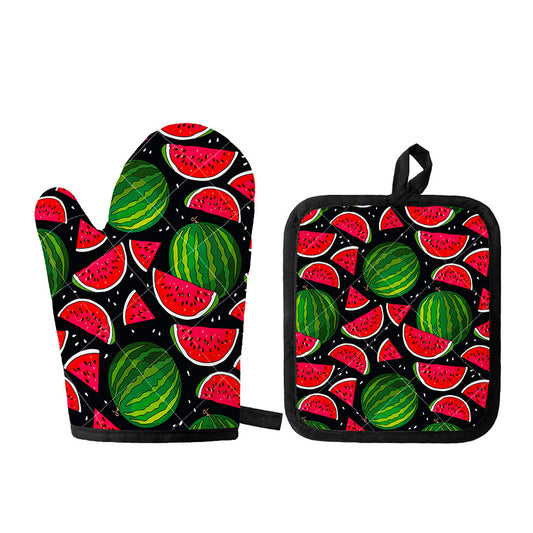 Black Watermelon Pieces Pattern Print Oven Mitt And Pot Holder Set