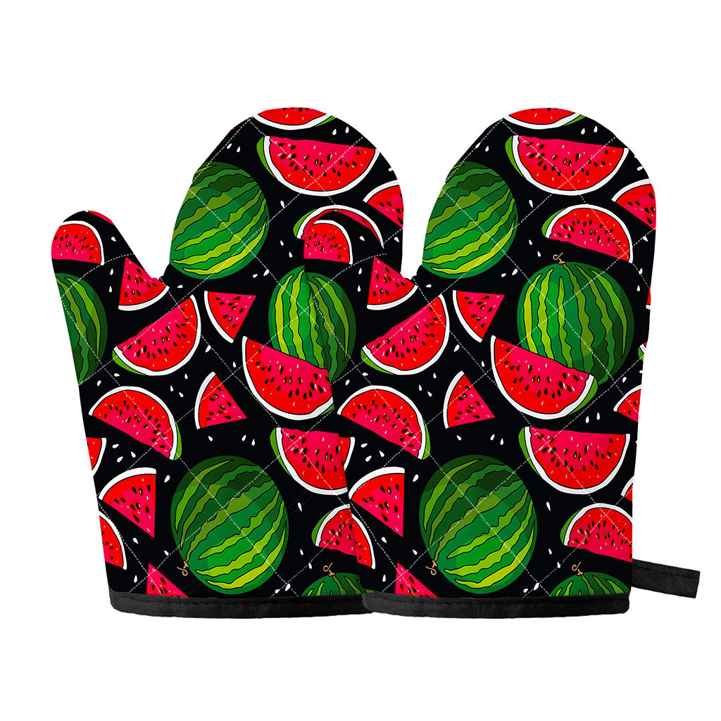 Black Watermelon Pieces Pattern Print Oven Mitts