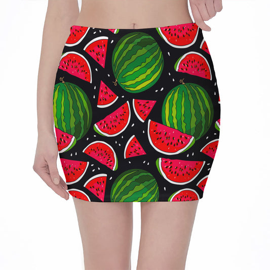 Black Watermelon Pieces Pattern Print Pencil Mini Skirt