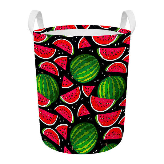 Black Watermelon Pieces Pattern Print Round Laundry Basket