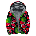 Black Watermelon Pieces Pattern Print Sherpa Lined Zip Up Hoodie