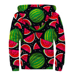 Black Watermelon Pieces Pattern Print Sherpa Lined Zip Up Hoodie