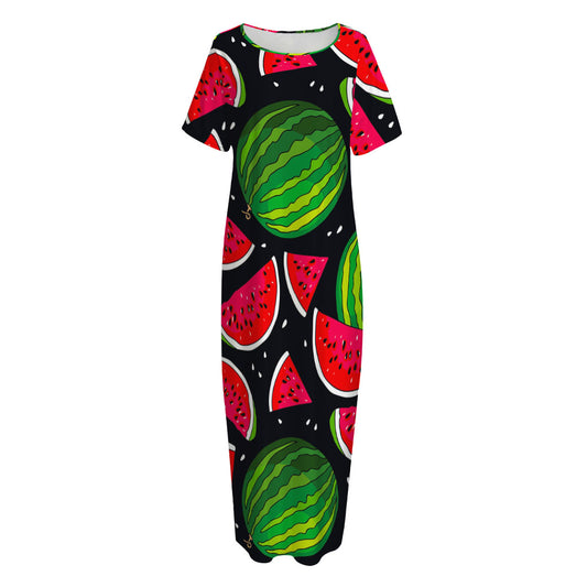 Black Watermelon Pieces Pattern Print Short Sleeve Long Nightdress