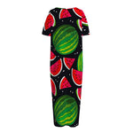 Black Watermelon Pieces Pattern Print Short Sleeve Long Nightdress