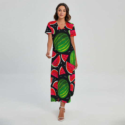 Black Watermelon Pieces Pattern Print Short Sleeve Maxi Dress