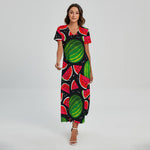 Black Watermelon Pieces Pattern Print Short Sleeve Maxi Dress
