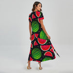 Black Watermelon Pieces Pattern Print Short Sleeve Maxi Dress