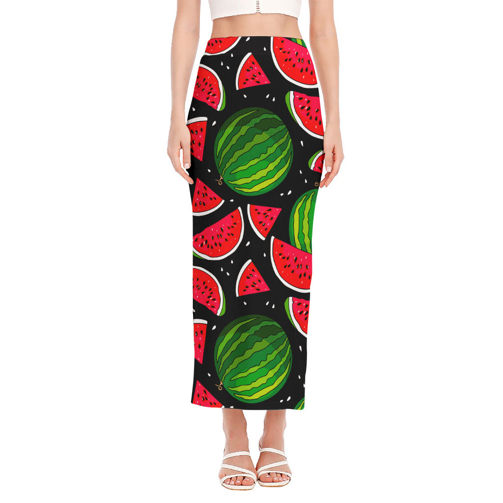 Black Watermelon Pieces Pattern Print Side Slit Maxi Skirt