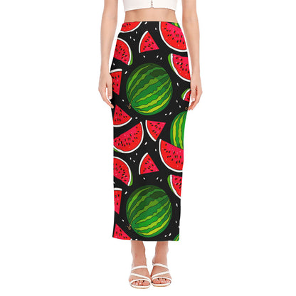 Black Watermelon Pieces Pattern Print Side Slit Maxi Skirt