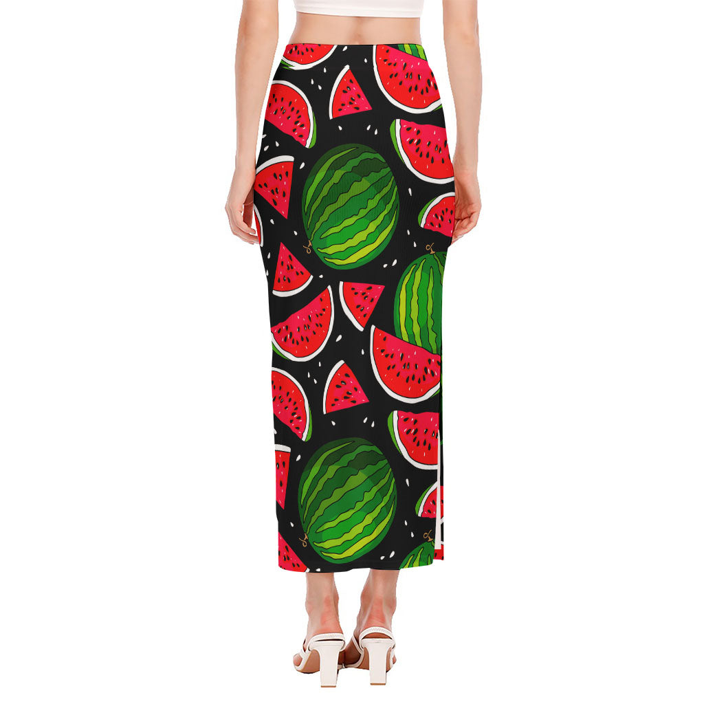 Black Watermelon Pieces Pattern Print Side Slit Maxi Skirt
