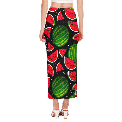 Black Watermelon Pieces Pattern Print Side Slit Maxi Skirt