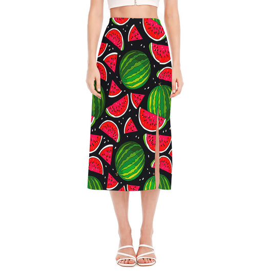 Black Watermelon Pieces Pattern Print Side Slit Midi Skirt