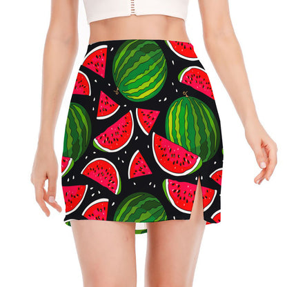 Black Watermelon Pieces Pattern Print Side Slit Mini Skirt
