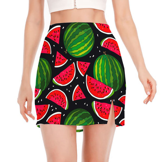Black Watermelon Pieces Pattern Print Side Slit Mini Skirt