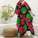 Black Watermelon Pieces Pattern Print Silk V-Neck Kaftan Dress