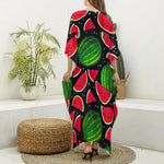 Black Watermelon Pieces Pattern Print Silk V-Neck Kaftan Dress