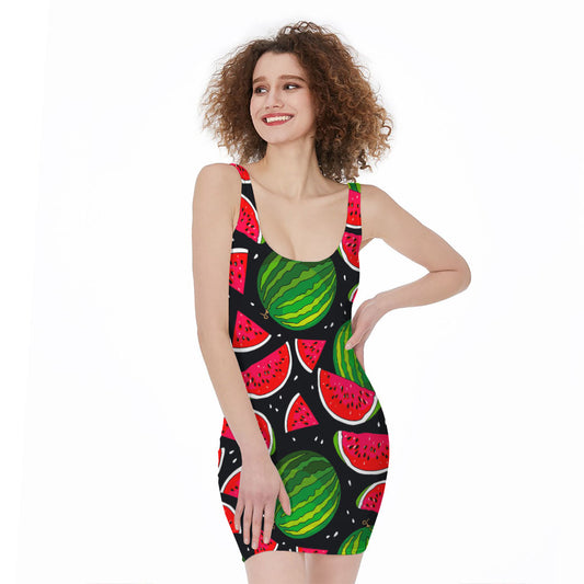 Black Watermelon Pieces Pattern Print Sleeveless Bodycon Dress