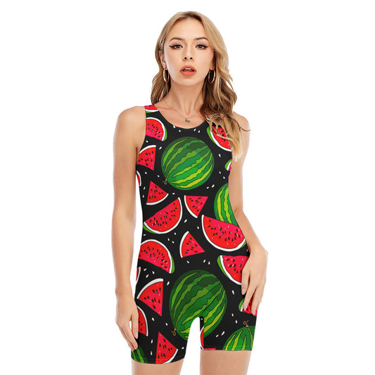Black Watermelon Pieces Pattern Print Sleeveless One Piece Swimsuit