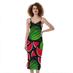 Black Watermelon Pieces Pattern Print Slim Fit Midi Cami Dress