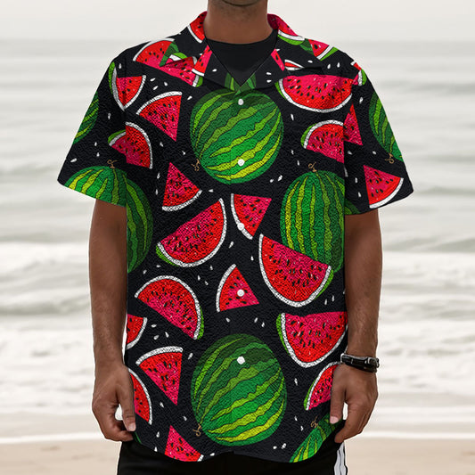 Black Watermelon Pieces Pattern Print Textured Short Sleeve Shirt