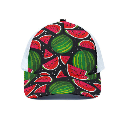 Black Watermelon Pieces Pattern Print White Mesh Trucker Cap