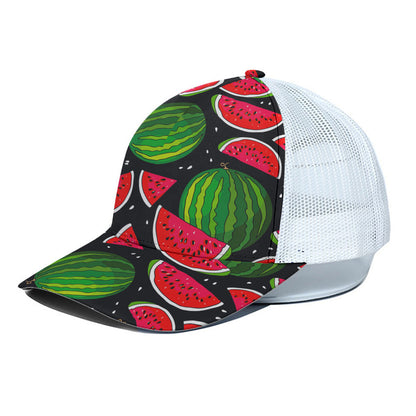 Black Watermelon Pieces Pattern Print White Mesh Trucker Cap