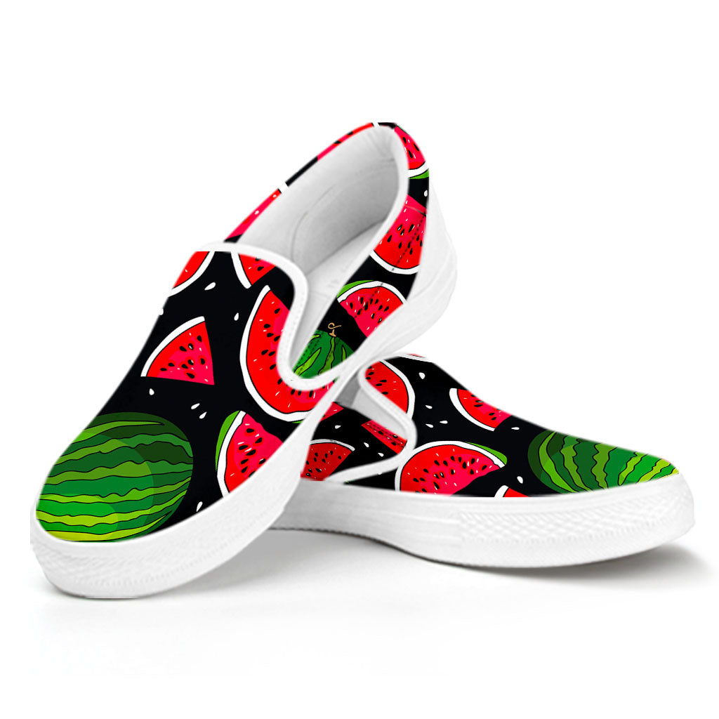 Black Watermelon Pieces Pattern Print White Slip On Sneakers