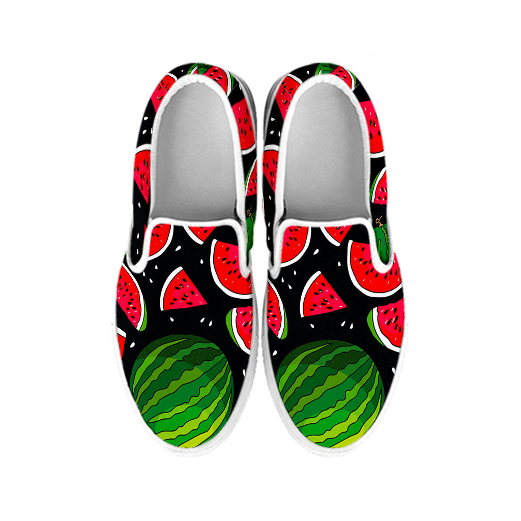 Black Watermelon Pieces Pattern Print White Slip On Sneakers