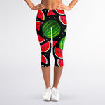 Black Watermelon Pieces Pattern Print Women's Capri Leggings