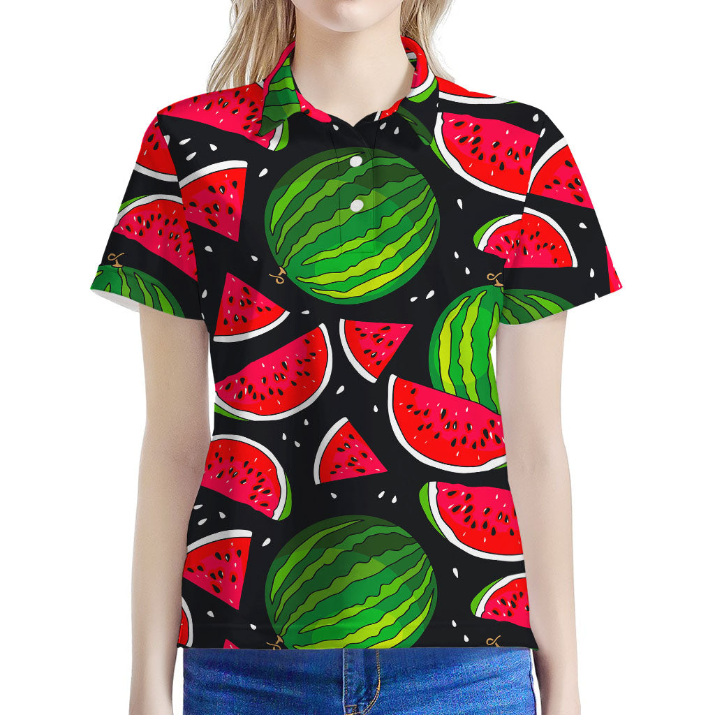 Black Watermelon Pieces Pattern Print Women's Polo Shirt