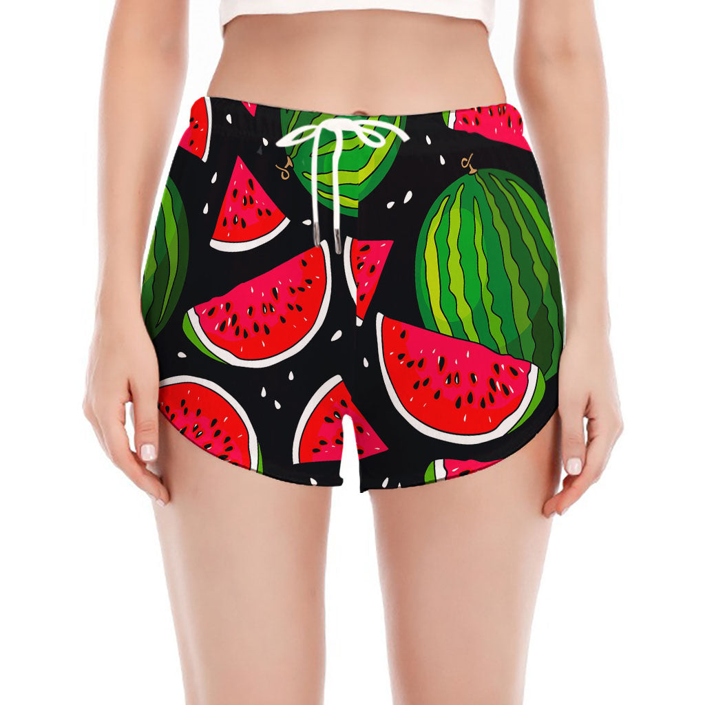 Black Watermelon Pieces Pattern Print Women's Split Running Shorts