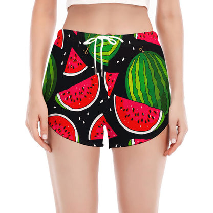 Black Watermelon Pieces Pattern Print Women's Split Running Shorts