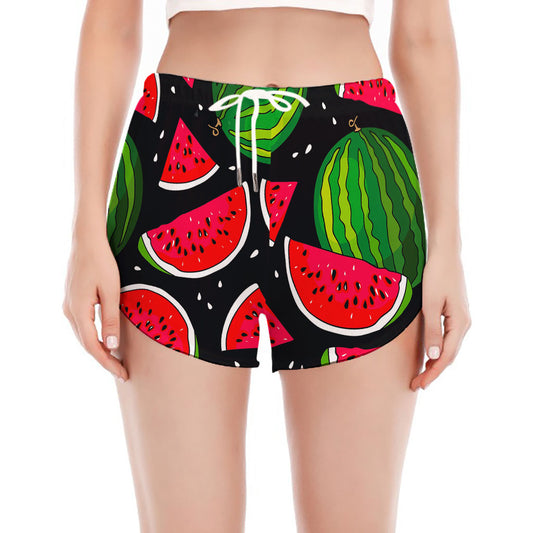 Black Watermelon Pieces Pattern Print Women's Split Running Shorts