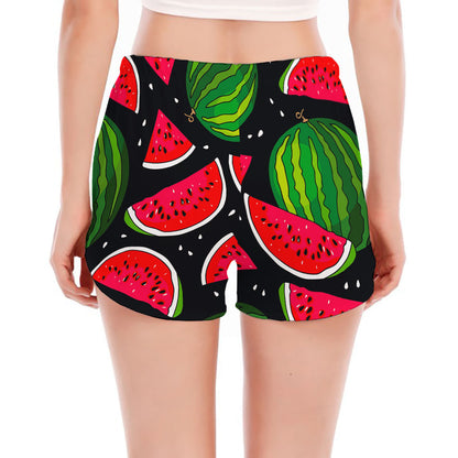 Black Watermelon Pieces Pattern Print Women's Split Running Shorts