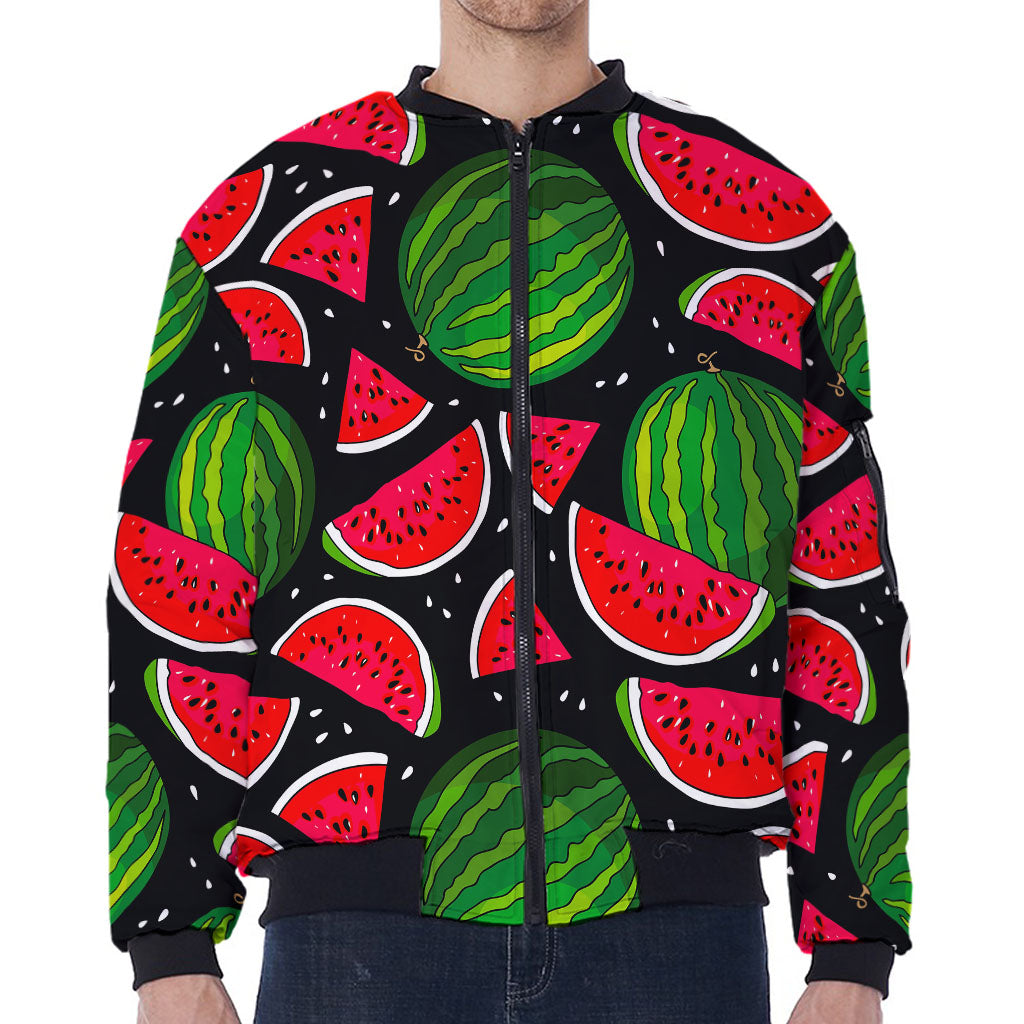 Black Watermelon Pieces Pattern Print Zip Sleeve Bomber Jacket