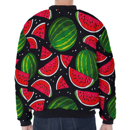 Black Watermelon Pieces Pattern Print Zip Sleeve Bomber Jacket